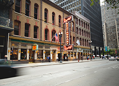 View from the street of a historic Chicago establishment, The Berghoff restaurant.