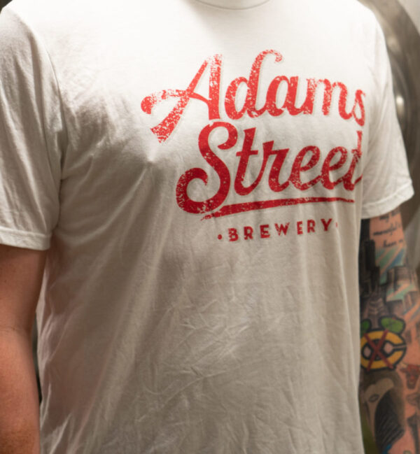 White Tee Shirt Red Adams Street Logo